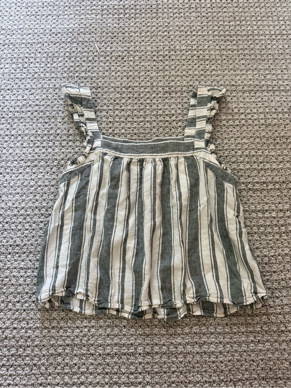 LOFT Green and White Striped Ruffle Strap Tank Top